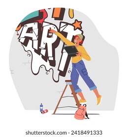 Graffiti Artist Girl Skillfully Layers Vibrant Colors And Intricate Designs Upon A Blank Wall, The Rhythmic Dance Of her Hands Breathing Life Into Urban Landscapes. Cartoon People Vector Illustration