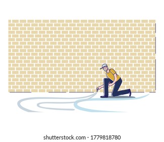 Graffiti Artist Painting On Ground. Young Guy Wearing Cap Hold Spray Can And Create Street Art Outdoors. Street Artist Drawing. Teenage Bully Creativity. Linear Vector Illustration