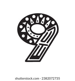 Graffiti aztec number nine in style handwriting art illustration design vector