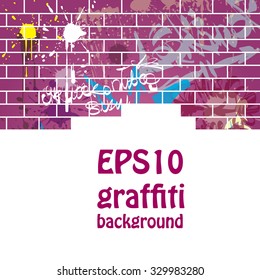 Graffiti background. Calligraphic design elements and paint stains on the brick wall.