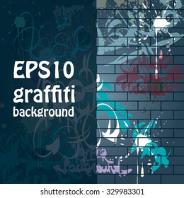 Graffiti background. Calligraphic design elements and paint stains on the brick wall.