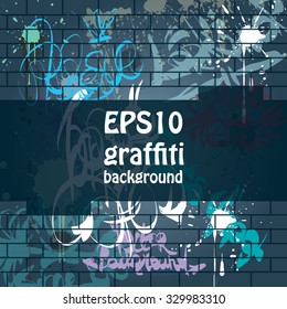 Graffiti background. Calligraphic design elements and paint stains on the brick wall.