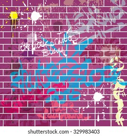 Graffiti background. Calligraphic design elements and paint stains on the brick wall.