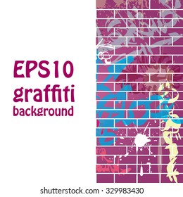 Graffiti background. Calligraphic design elements and paint stains on the brick wall.