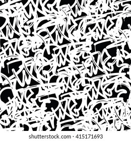 Graffiti background seamless pattern. Vector Tags, writing. Old school. King of style, street art texture. Monochrome black and white colors 