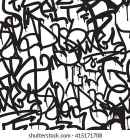Graffiti background seamless pattern. Vector Tags, writing. Old school. King of style, street art texture. Monochrome black and white colors 