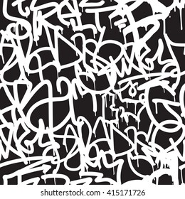 Graffiti background seamless pattern. Vector Tags, writing. Old school. King of style, street art texture. Monochrome black and white colors 