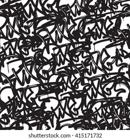 Graffiti background seamless pattern. Vector Tags, writing. Old school. King of style, street art texture. Monochrome black and white colors 