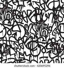 Graffiti background seamless pattern. Vector Tags, writing. Old school. King of style, street art texture. Monochrome black and white colors 