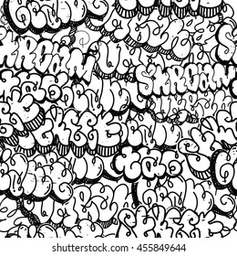 Graffiti background seamless pattern. Vector Tags, writing. Tagging hand, old school. King of style, street art texture. Monochrome black and white colors 