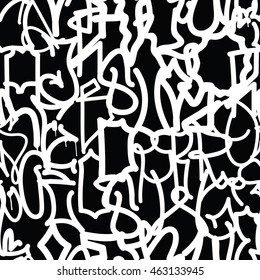 Graffiti background seamless pattern. Vector Tags, writing. Hand style, old school. Street art texture. Monochrome black and white colors 
