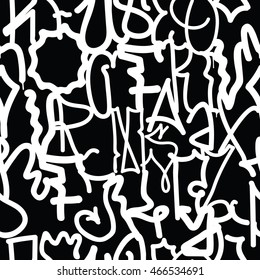 Graffiti background seamless pattern. Vector Tags, writing. Hand style, old school. Street art texture. Monochrome black and white colors 