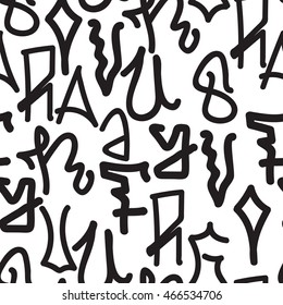 Graffiti background seamless pattern. Vector Tags, writing. Hand style, old school. Street art texture. Monochrome black and white colors 
