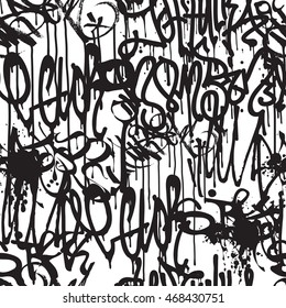 Graffiti background seamless pattern. Vector Tags, writing. Street art texture. Monochrome black and white colors 