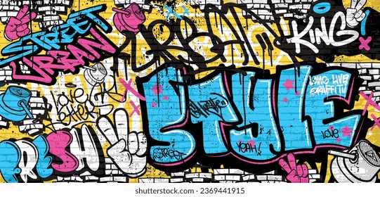 Graffiti background with throw-up, scribble and tagging in vibrant colors. Abstract graffiti in vector illustrations.