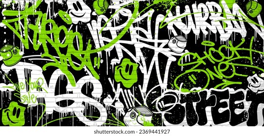 Graffiti background with throw-up, scribble and tagging in vibrant colors. Abstract graffiti in vector illustrations.
