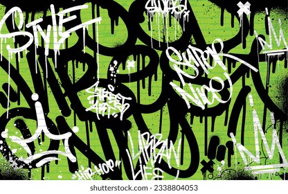 Graffiti background with throw-up and tagging hand-drawn style. Street art graffiti urban theme in vector format.