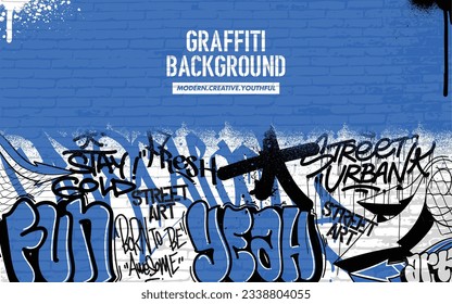 Graffiti background with throw-up and tagging hand-drawn style. Street art graffiti urban theme in vector format.