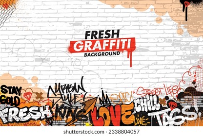 Graffiti background with throw-up and tagging hand-drawn style. Street art graffiti urban theme in vector format.