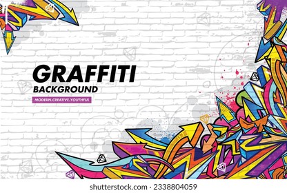 Graffiti background with throw-up and tagging hand-drawn style. Street art graffiti urban theme in vector format.