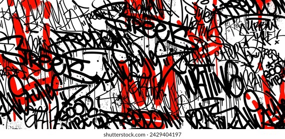 Graffiti background with throw-up and tagging hand-drawn style. Street art graffiti urban theme for prints, banners, and textiles in vector format.

