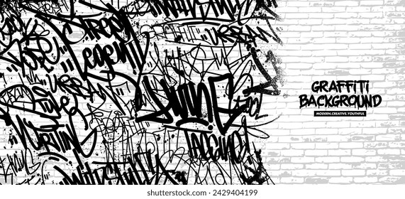 Graffiti background with throw-up and tagging hand-drawn style. Street art graffiti urban theme for prints, banners, and textiles in vector format.
