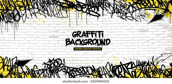 Graffiti background with throw-up and tagging hand-drawn style. Street art graffiti urban theme for prints, banners, and textiles in vector format.
