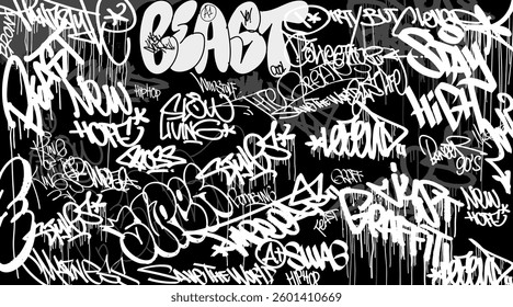Graffiti background with throw-up and tagging hand-drawn style. Street art graffiti urban theme for prints, banners in black and white color