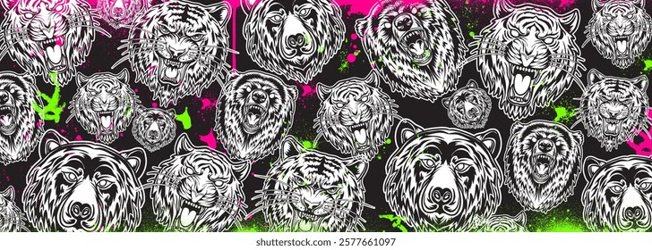 Graffiti background vector illustration. Detailed monochrome graffiti tattoo elements pattern with skull, animals and graphic elements