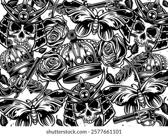 Graffiti background vector illustration. Detailed monochrome graffiti tattoo elements pattern with skull, animals and graphic elements