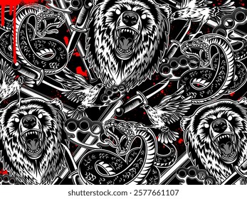 Graffiti background vector illustration. Detailed monochrome graffiti tattoo elements pattern with skull, animals and graphic elements