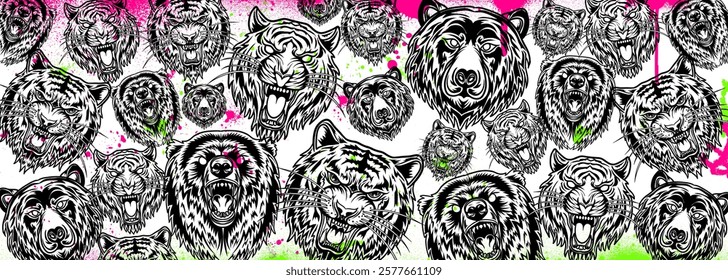 Graffiti background vector illustration. Detailed monochrome graffiti tattoo elements pattern with skull, animals and graphic elements