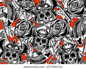 Graffiti background vector illustration. Detailed monochrome graffiti tattoo elements pattern with skull, animals and graphic elements