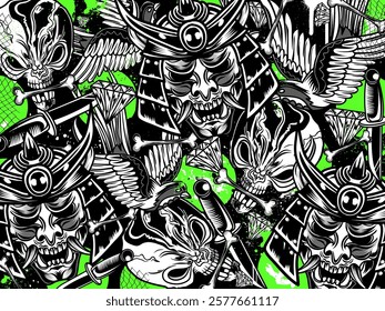 Graffiti background vector illustration. Detailed monochrome graffiti tattoo elements pattern with skull, animals and graphic elements