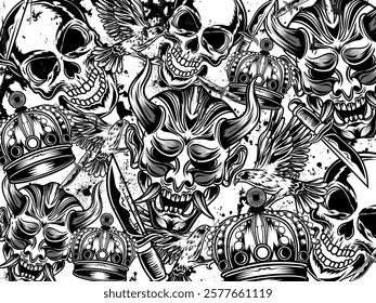 Graffiti background vector illustration. Detailed monochrome graffiti tattoo elements pattern with skull, animals and graphic elements