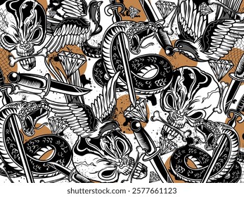 Graffiti background vector illustration. Detailed monochrome graffiti tattoo elements pattern with skull, animals and graphic elements