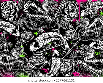 Graffiti background vector illustration. Detailed monochrome graffiti tattoo elements pattern with skull, animals and graphic elements