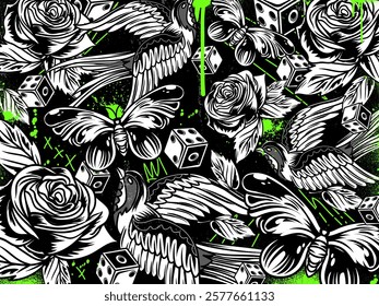 Graffiti background vector illustration. Detailed monochrome graffiti tattoo elements pattern with skull, animals and graphic elements