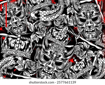 Graffiti background vector illustration. Detailed monochrome graffiti tattoo elements pattern with skull, animals and graphic elements