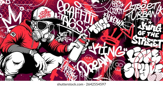 Graffiti background vector with throw-up, tagging hand-drawn, spray paint effect, drips style. Illustration Street art graffiti urban theme for prints, banners, and wall art.