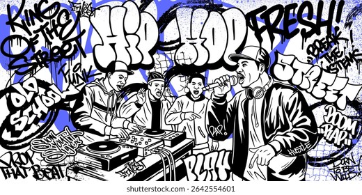 Graffiti background vector with throw-up, tagging hand-drawn, spray paint effect, drips style. Illustration Street art graffiti urban theme for prints, banners, and wall art.
