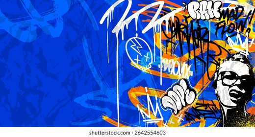 Graffiti background vector with throw-up, tagging hand-drawn, spray paint effect, drips style. Illustration Street art graffiti urban theme for prints, banners, and wall art.