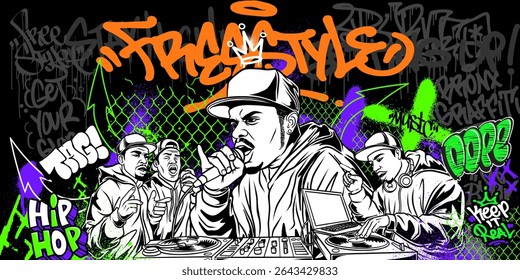 Vetor de fundo de grafite com throw-up, etiquetando desenhado à mão, efeito de pintura de spray, goteja estilo. Ilustração Arte de rua grafite tema urbano para impressões, banners, e arte de parede.