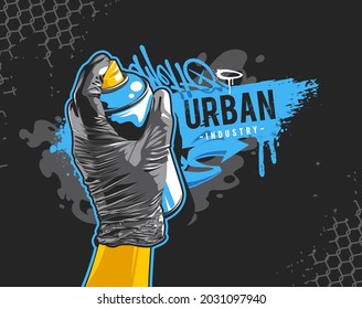 Graffiti Banner With Hand In Black Glove Holding Aerosol Spray Can. Street Art Design Elements. Dirty Wild Style Graffiti Vector Art.