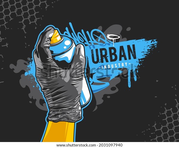 Graffiti banner with hand in black glove holding\
aerosol spray can. Street art design elements. Dirty wild style\
graffiti vector art.