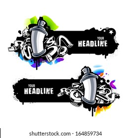 Graffiti banners with abstract arrows and paint cans. Vector illustration.