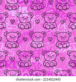 Graffiti and bear seamless pattern wallpaper art.Vector graphic background illustration.Graffiti lettering,dead bear toy,urban art seamless pattern wallpaper print concept