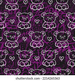 Graffiti and bear seamless pattern wallpaper art.Vector graphic background illustration.Graffiti lettering,dead bear toy,urban art seamless pattern wallpaper print concept