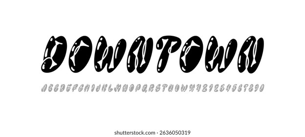 Grafite fonte em itálico preto, alfabeto cômico no estilo de arte de rua, letras estreitas funky e números, ilustração vetorial 10EPS