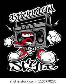 Graffiti boombox. Vector illustration of street art character on dark background.